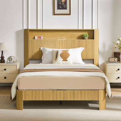 Modern Wood Platform Bed with Storage Headboard, Built-in Charging Station, Retro Wave Frame Bed with Metal Slats Support