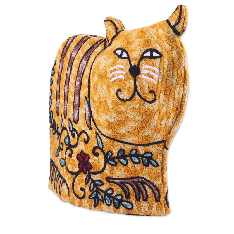 Handmade Delightful Cat In Yellow Wool Tea Cozy (India) - 11.5" L x 13" W