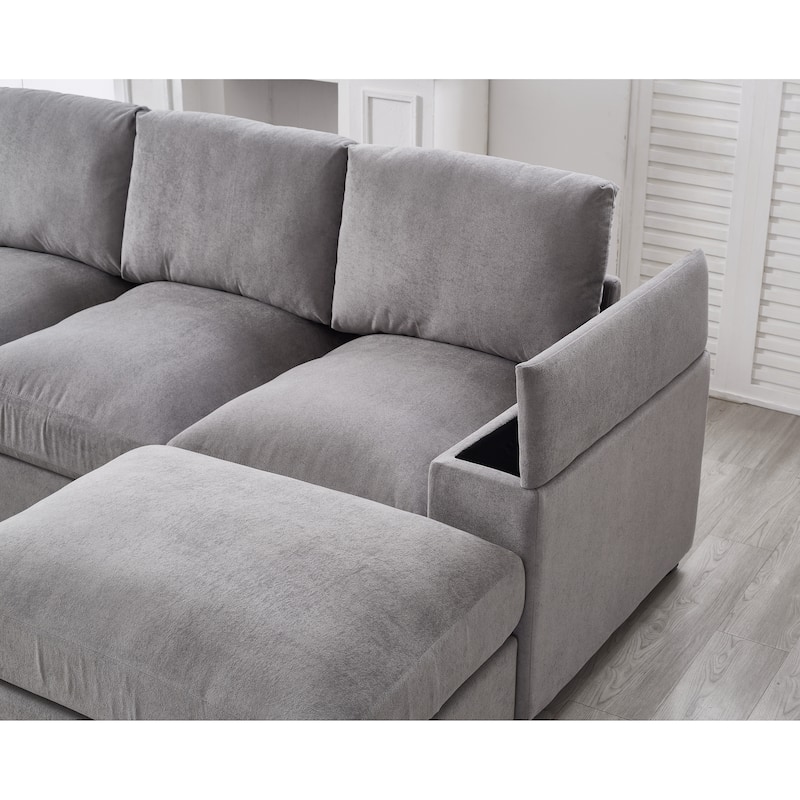 U-Shaped Sectional Sofa with Movable Ottomans, Comfy Corduroy Deep Seat Sofa, Large 4 Seat Sofa with Storage Armrests