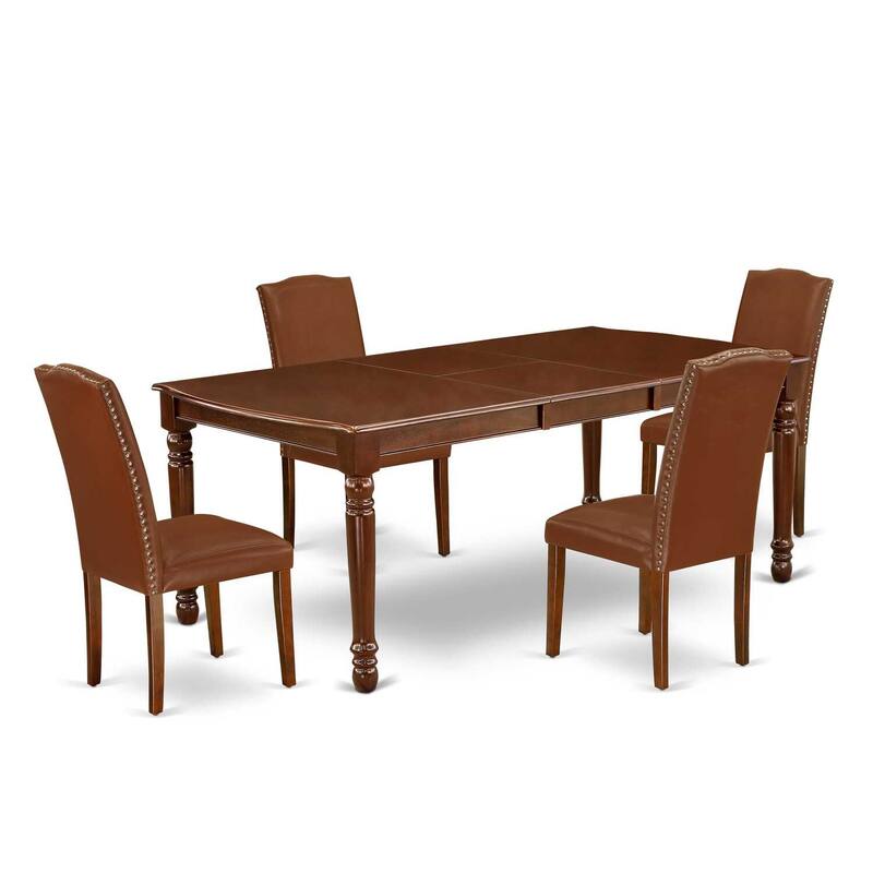 Rectangular Dining Table Set 5pc - 60x78" Table w/ Leaf & 4 Parsons Chairs - Brown Faux Leather
