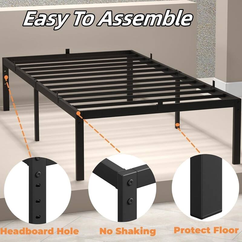 Bed Frame No Box Spring Needed, Heavy Duty Queen Platform Metal Bed Frame with Metal Slats