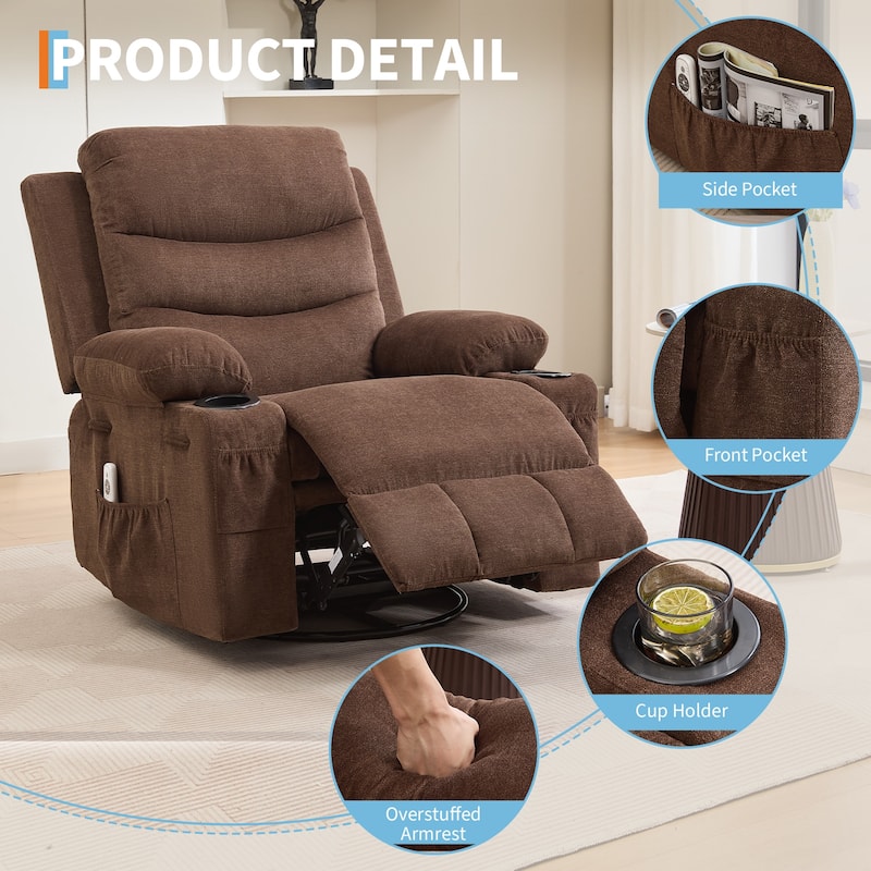 Swivel Rocker Recliner Chair with Massage and Heat, Oversized Reclining Sofa