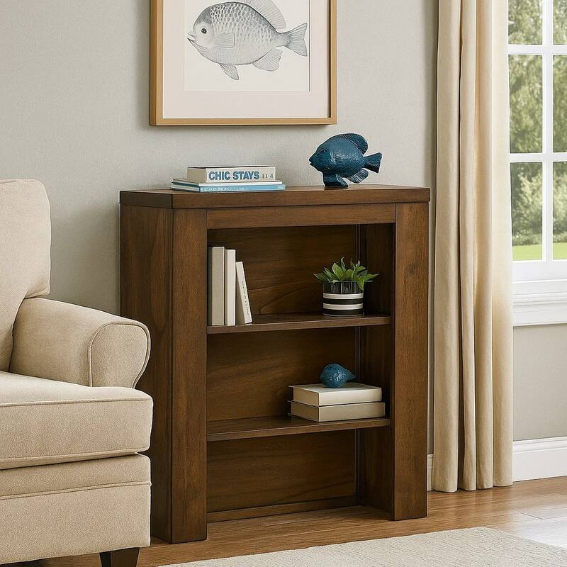 Maryl 26 Inch Pier Bookcase with 2 Shelves, Solid Wood, Antique Oak Brown