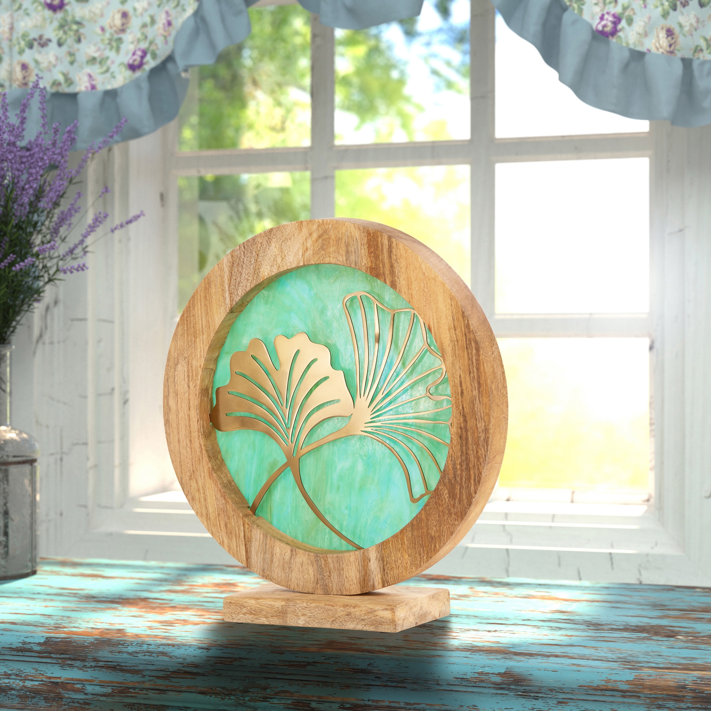 River of Goods Round Decorative Stained Glass Mango Wood Stand - 13" x 3" x 14"
