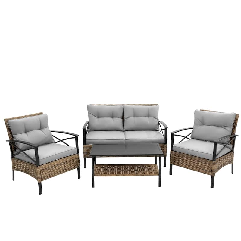 4 Piece Outdoor Patio Furniture Set, Rattan Wicker Sectional Conversation Sofa Set with Coffee Table and Removable Cushions - Grey