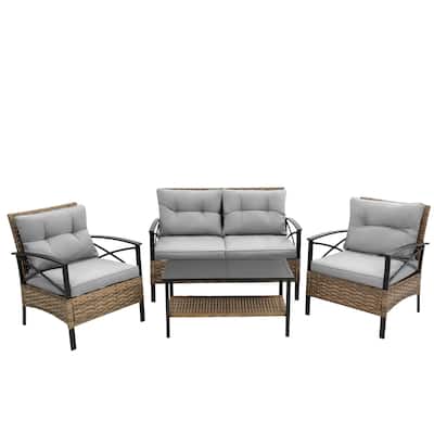 4 Piece Outdoor Patio Furniture Set, Rattan Wicker Sectional Conversation Sofa Set with Coffee Table and Removable Cushions