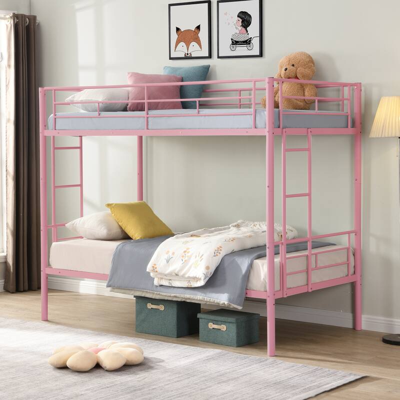 Loft Bunk Bed Twin Over Twin Size w/Ladder and Guardrail, Rustic Design, Metal Slats Support No Box Spring Needed for Bedroom - Pink