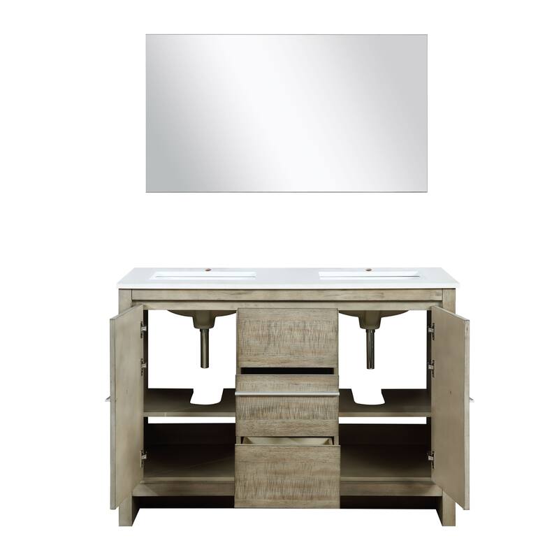 Lafarre 36 in W x 20 in D Rustic Acacia Bath Vanity, White Quartz Top and 28 in Mirror