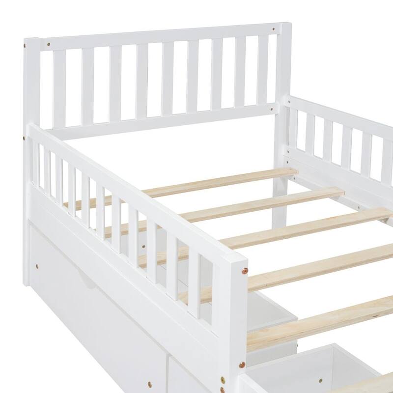 Twin Size Wood Platform Bed with Guardrails and Two Drawers