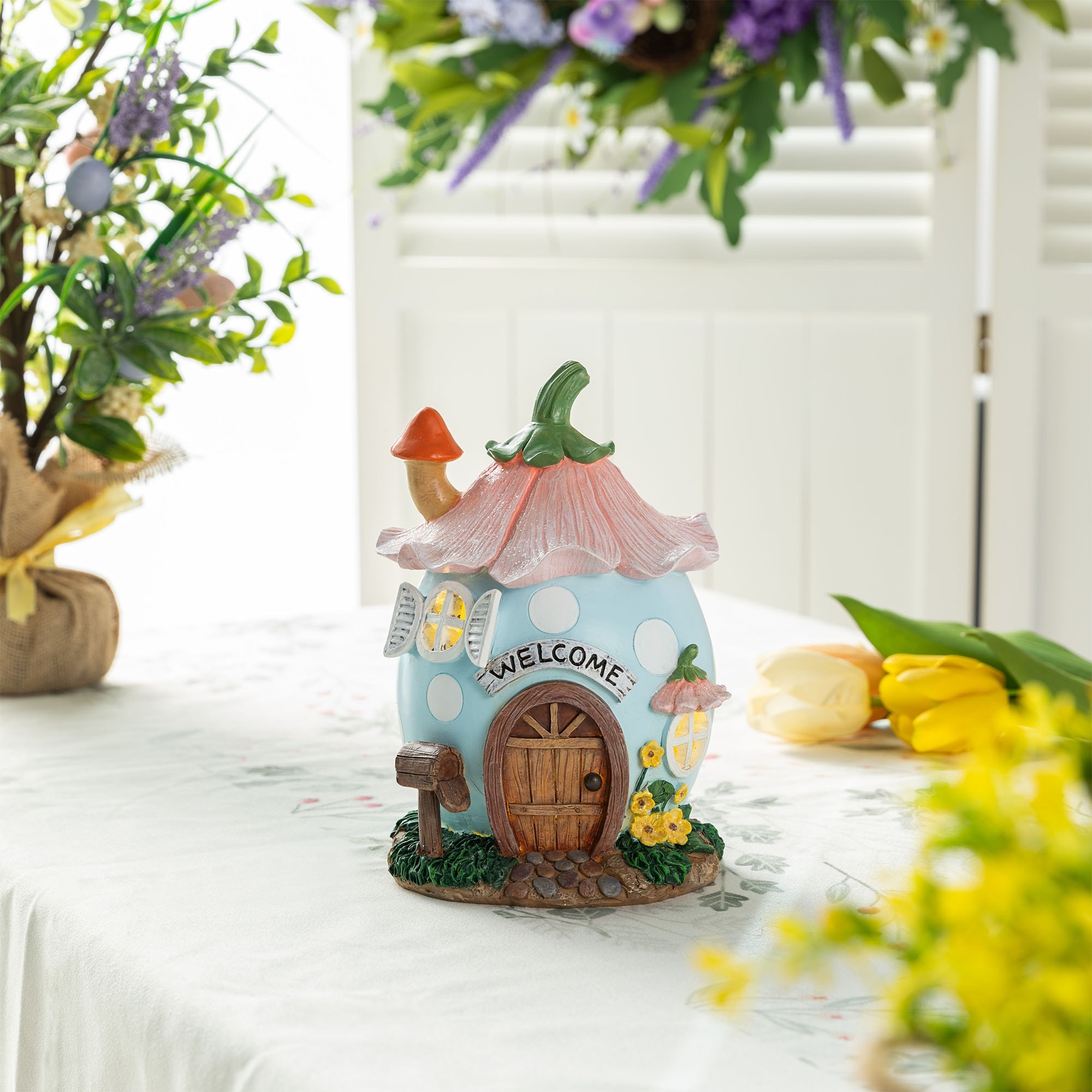 Glitzhome Easter Resin Egg Shaped House Table Decor Bunny & Pink Blossoms Figurine