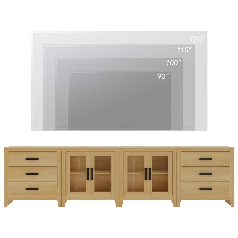 WAMPAT Extra Wide 126" Farmhouse TV Stand, Wood Media Console with 6 Drawers & 2 Glass Cabinets