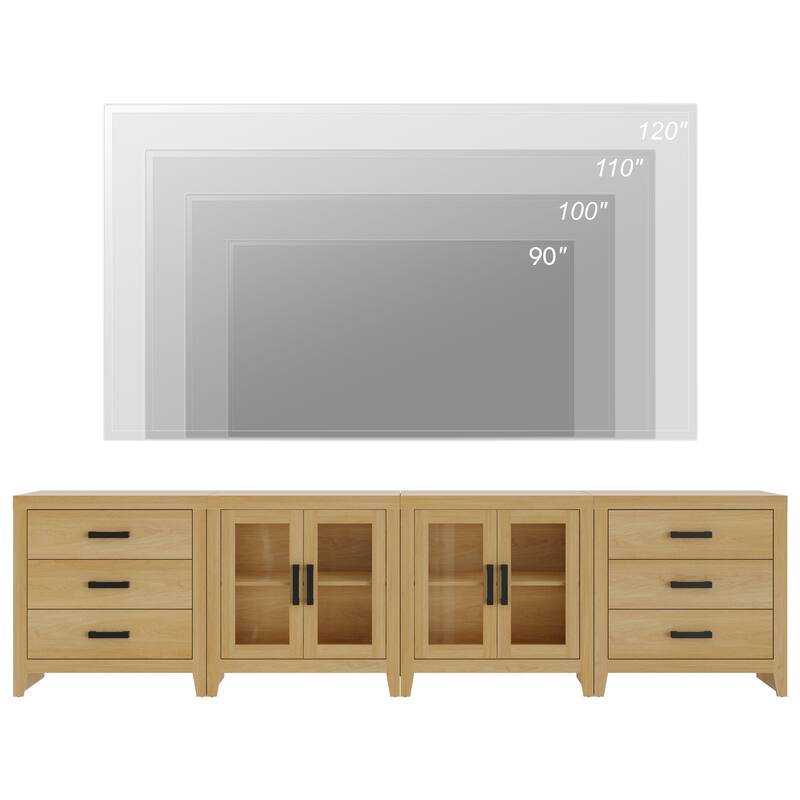 WAMPAT Farmhouse Buffet Cabinet with Glass Doors and Drawers, 4-Piece Modular Sideboard