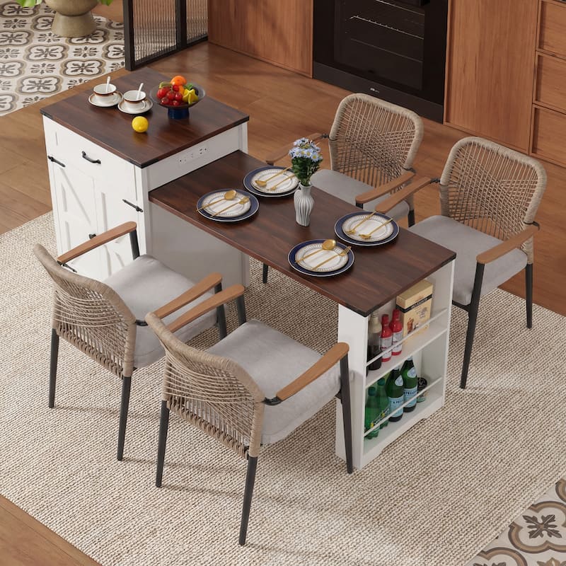 Expandable Drop-Leaf Dining Table with Storage and Built-In Power Outlet - Beige