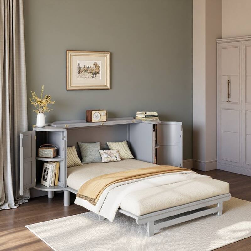 Queen Size Murphy Bed with Hidden Storage, Side Cabinets, and Woven Drawer Design, Space-Saving Foldable Bed - QueenGray - Queen