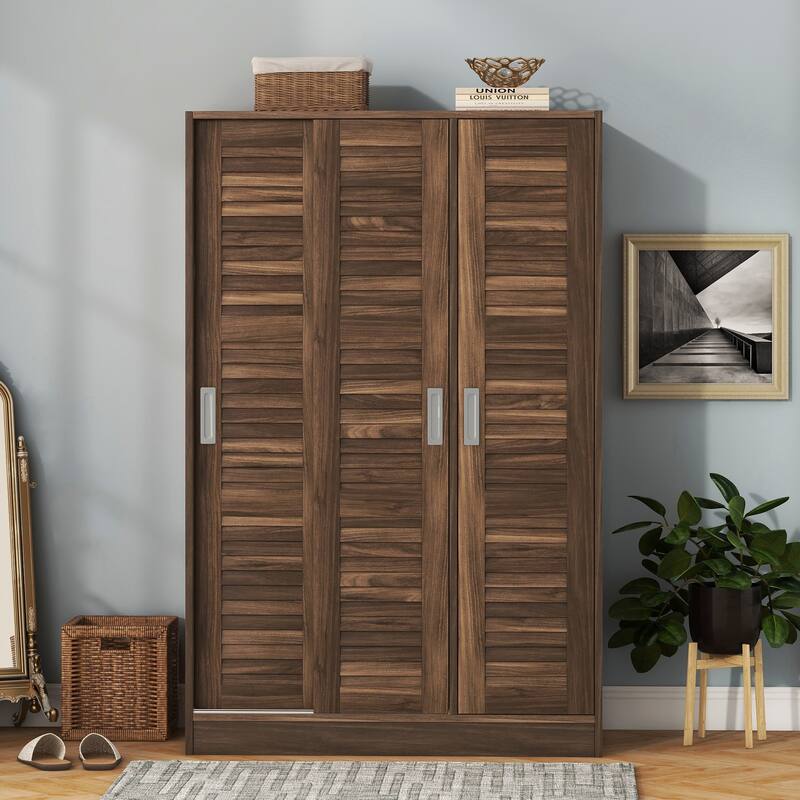 Tall Shutter Armoire Cabinet for Bedroom, Sliding Barn Door Wardrobe with Storage Shelves and Hanging Clothes Rod