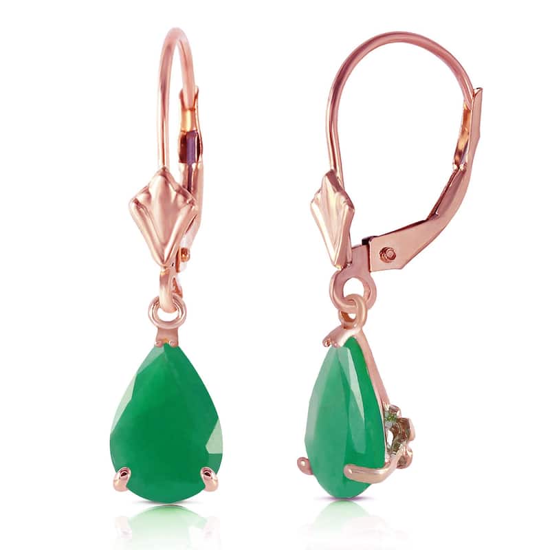 14K Solid Gold Elegant Leverback Earrings Natural Emerald Gemstone
