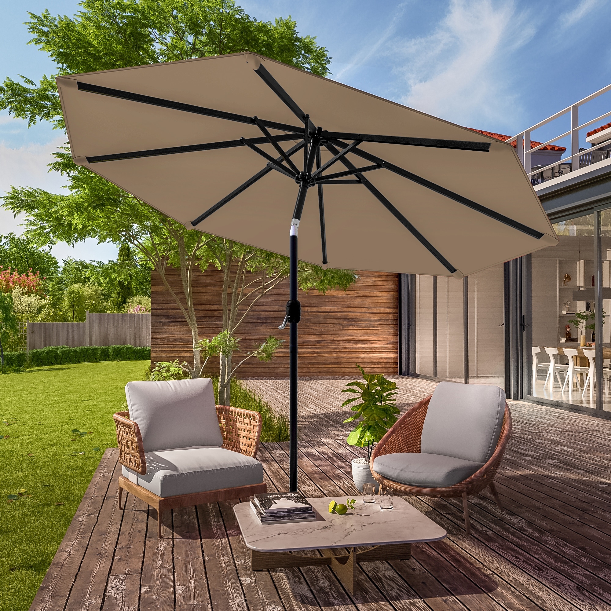 LIVOOSUN 9Ft Large Round Outdoor Patio Market Umbrella with Crank and 8 Ribs, Gray