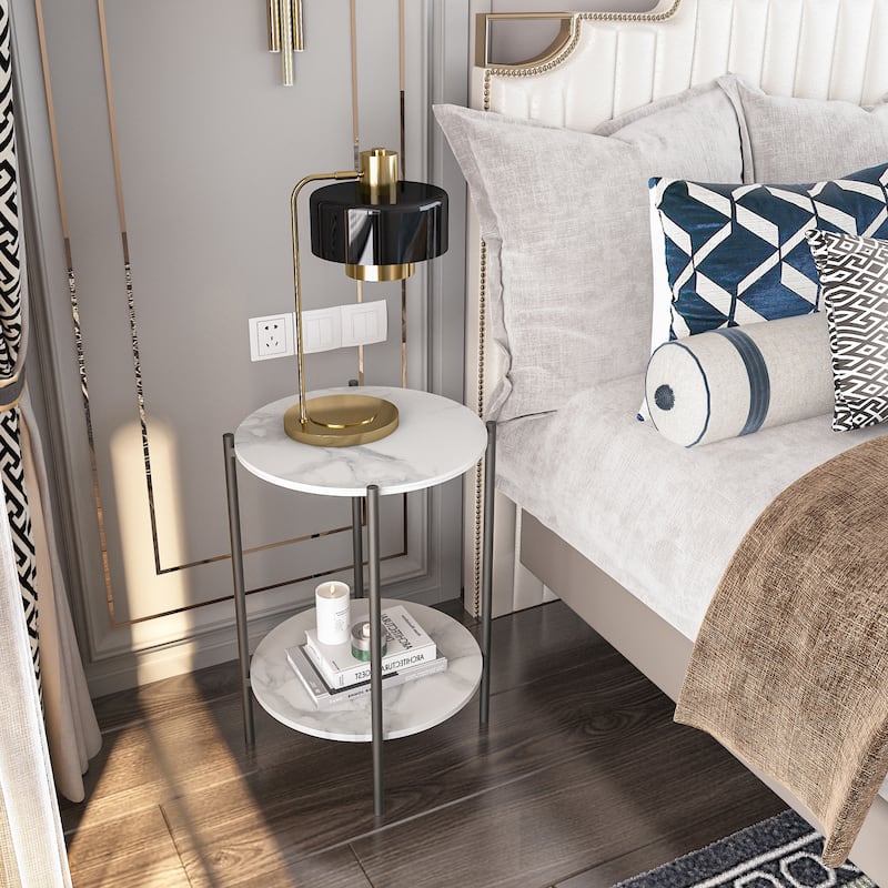 2-Tier Round Marble Sofa Side Table Coffee End Table Metal Black Frame - Black/White