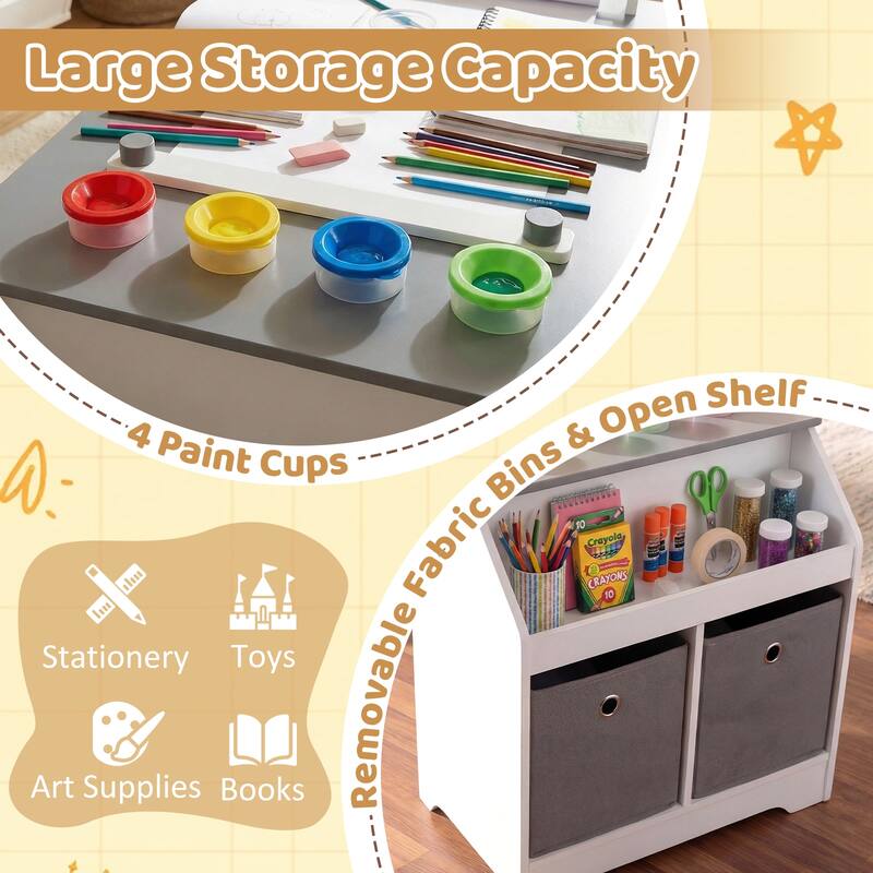 Gymax Kids Art Table & Stool w/Paper Roll 2 Bins & Large Storage for