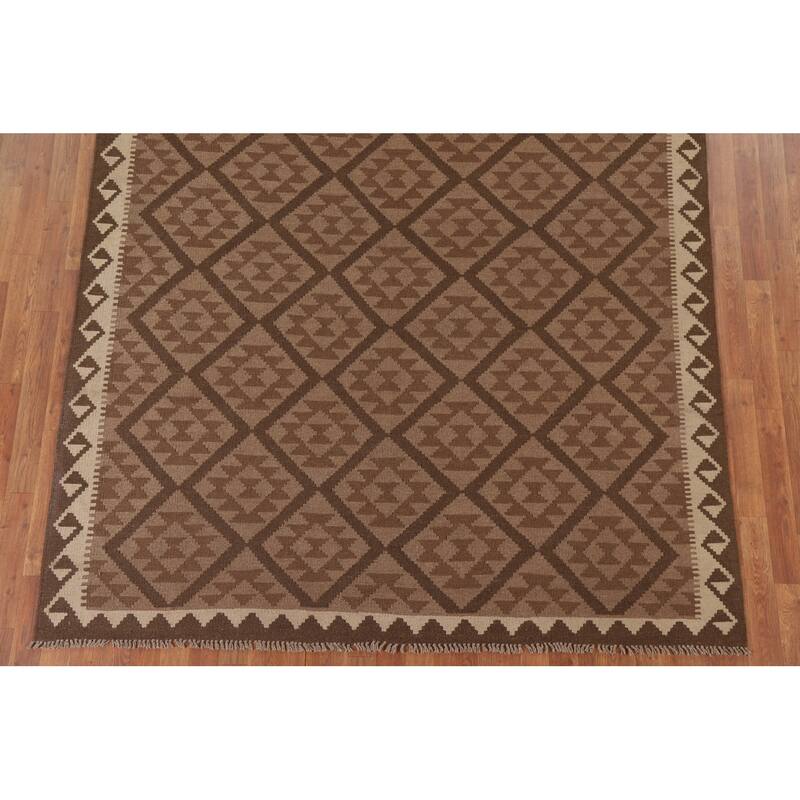 Hand Woven Oriental 100% Wool Carpet Southwestern Geometric Brown Kilim Area Rug - 9' 8'' X 6' 9''