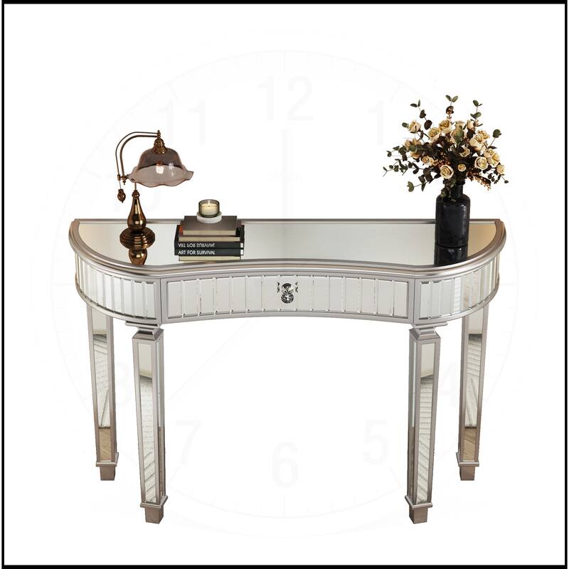 47" Half-Moon Mirrored Console Table with Fluted Glass