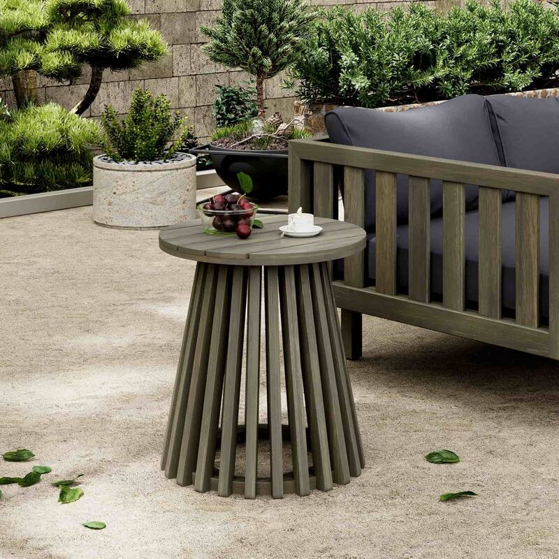 15.75-Inch Outdoor Acacia Wood Round Side Table with Slated Base - Grey