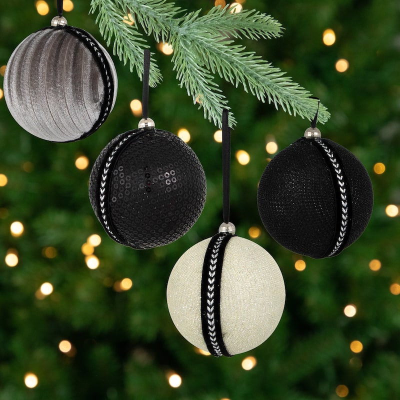 Sequined and Textured Christmas Ball Ornaments - 2.75" - Black - Set of 4