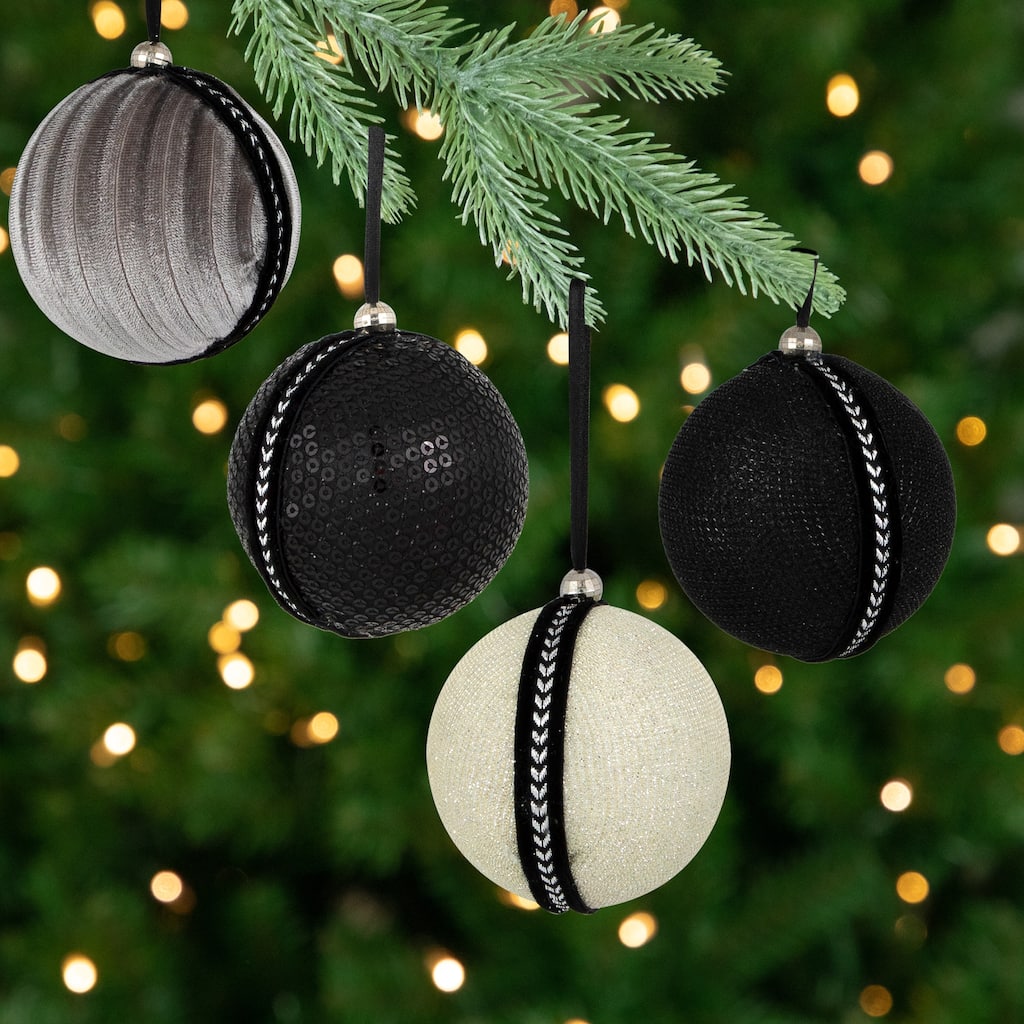 Sequined and Textured Christmas Ball Ornaments - 2.75" - Black - Set of 4
