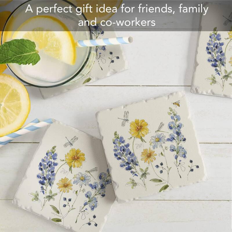 Lovely Blues 4 Pack Absorbent Stone Tumbled Tile Coasters with Protective Cork Backing Made in The USA, Absorbent, Wipes Clean