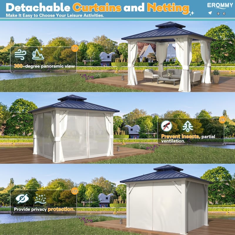 Erommy Hardtop Gazebo with Aluminum Frame and Double Roof, Permanent Outdoor Gazebo Includes Curtains&Netting for Patio Backyard