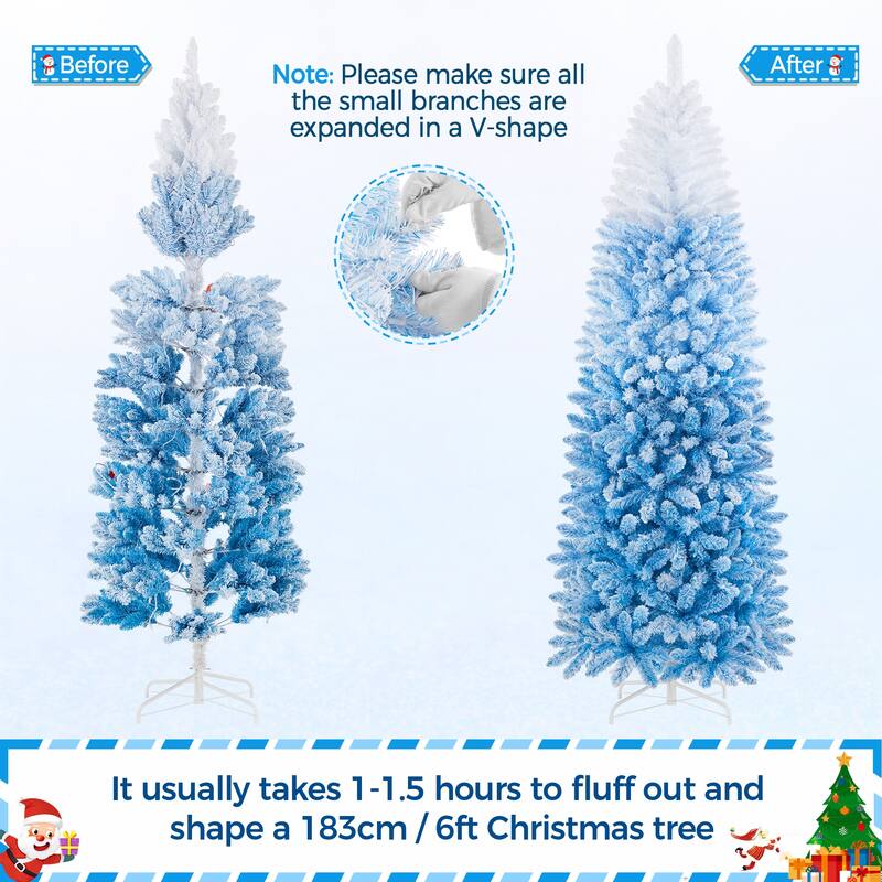 Yaheetech 6ft/7.5ft Pre-lit Flocked Pencil Artificial Christmas Tree with 350 Incandescent Warm White Lights