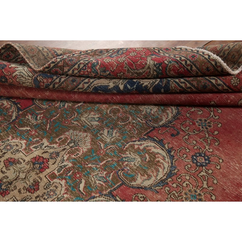 Distressed Tabriz Persian Vintage Rug Hand-Knotted Wool Carpet - 9'6"x 12'10"