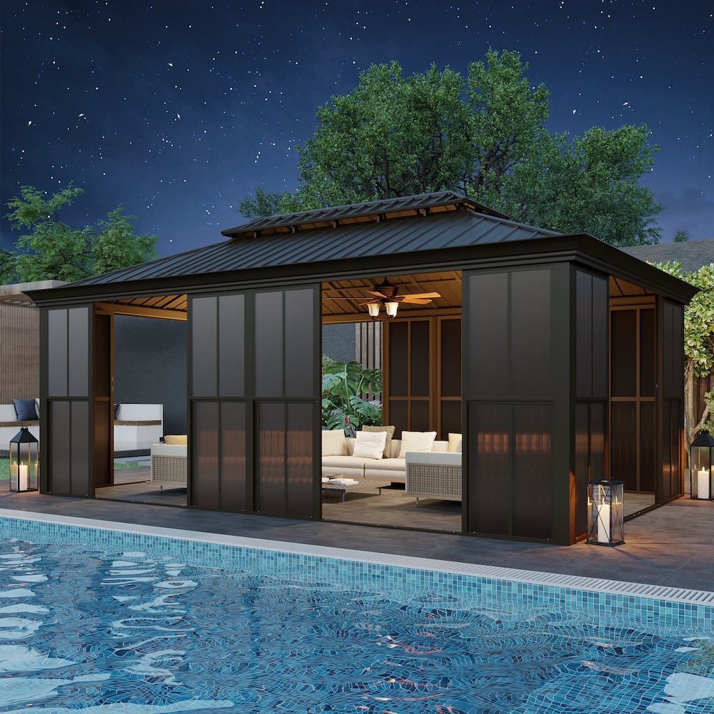 Hardtop Gazebo with Double Steel Roof, Sliding/Lockable Doors & Screens - All-Season Rustproof Aluminum Frame，Advanced Drainage
