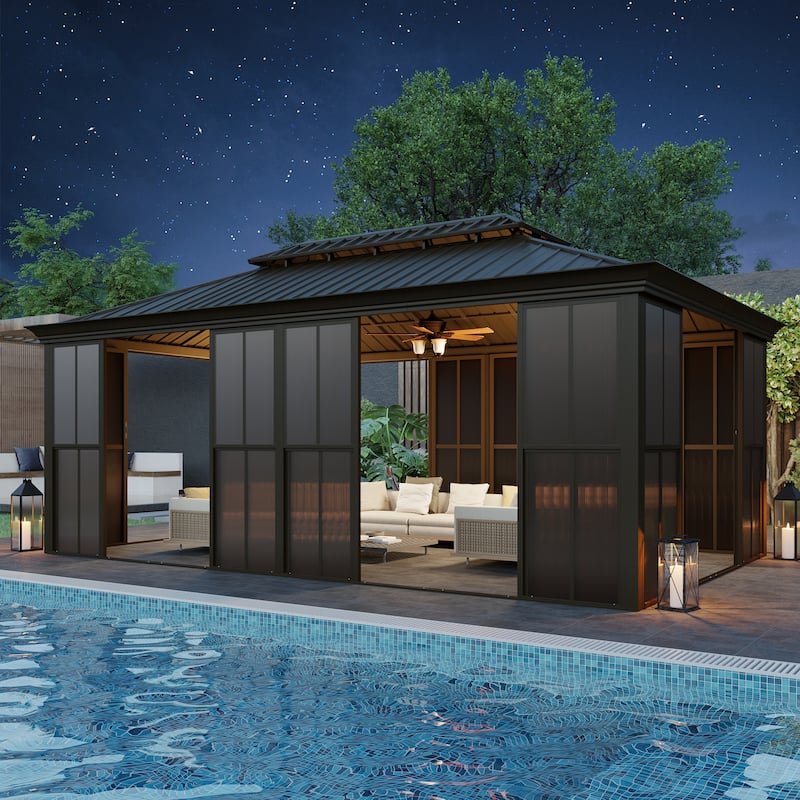 Hardtop Gazebo with Double Steel Roof, Sliding/Lockable Doors & Screens - All-Season Rustproof Aluminum Frame,Advanced Drainage