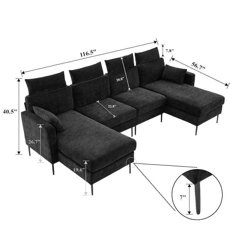 116" Chenille Sectional Sofa Couch With 2 Extra Wide Chaises For Livingroom