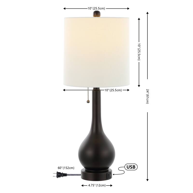 Grant 24" Modern Classic Gourd Iron LED Table Lamp with Pull-Chain with Dual USB Charging Port, by JONATHAN Y (Set of 2)