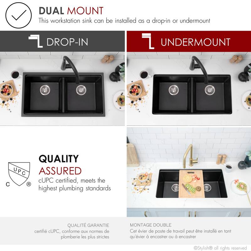 Dual mount 33 inch Black Composite Granite Double Bowl Workstation Kitchen Sink