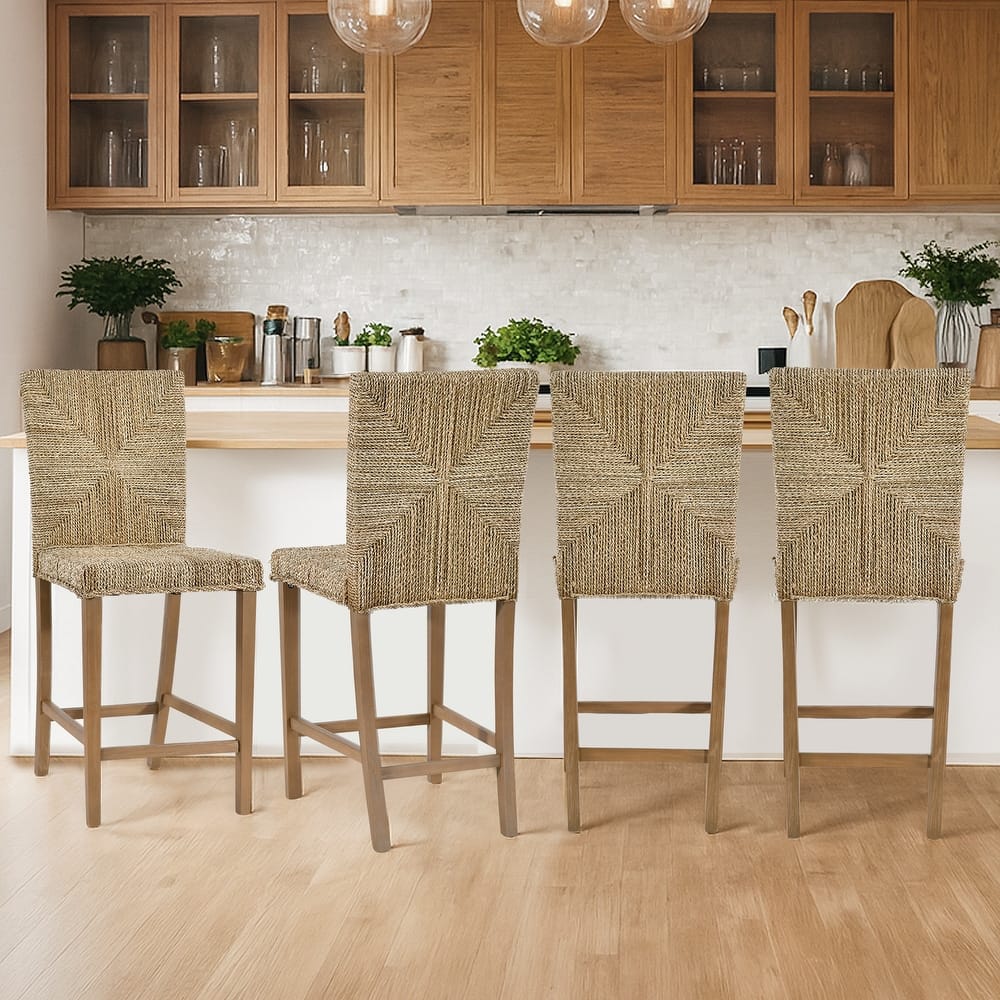 Bohemian 24" Height Weave Seagrass Rattan Counter Stools with High Back - 18.3"W x 23"L x 41.4"H