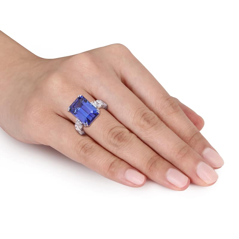 Miadora 11 4/5ct TGW Emerald Cut Tanzanite 1 1/2ct TDW Pear Diamond Cocktail Ring in 14k White Gold