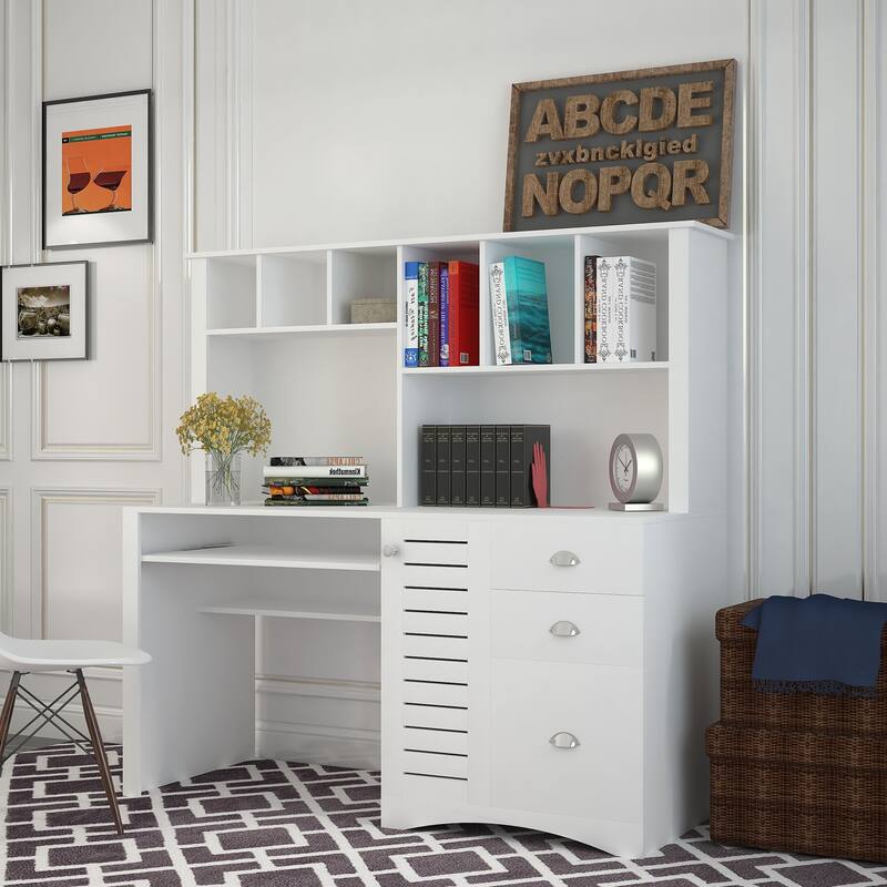 Spacious Home Office Computer Desk with Hutch, 2-Tier Shelf & 3 Drawers - White