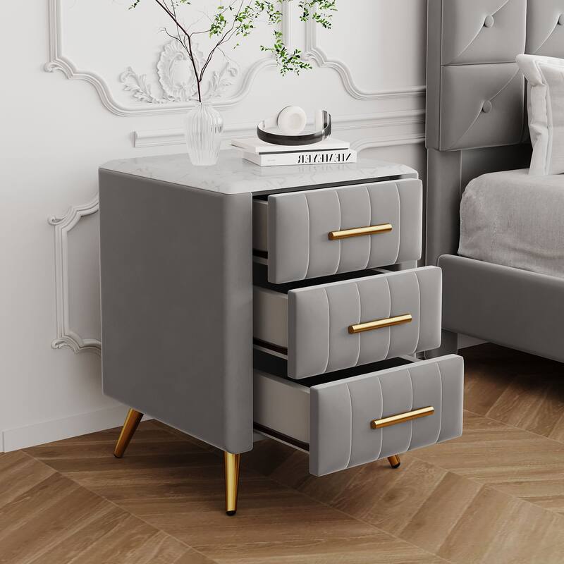 1-Piece Upholstered Velvet Nightstand with 3 Drawers and Metal Legs, Elegant Bed Side End Table with Marbling Top