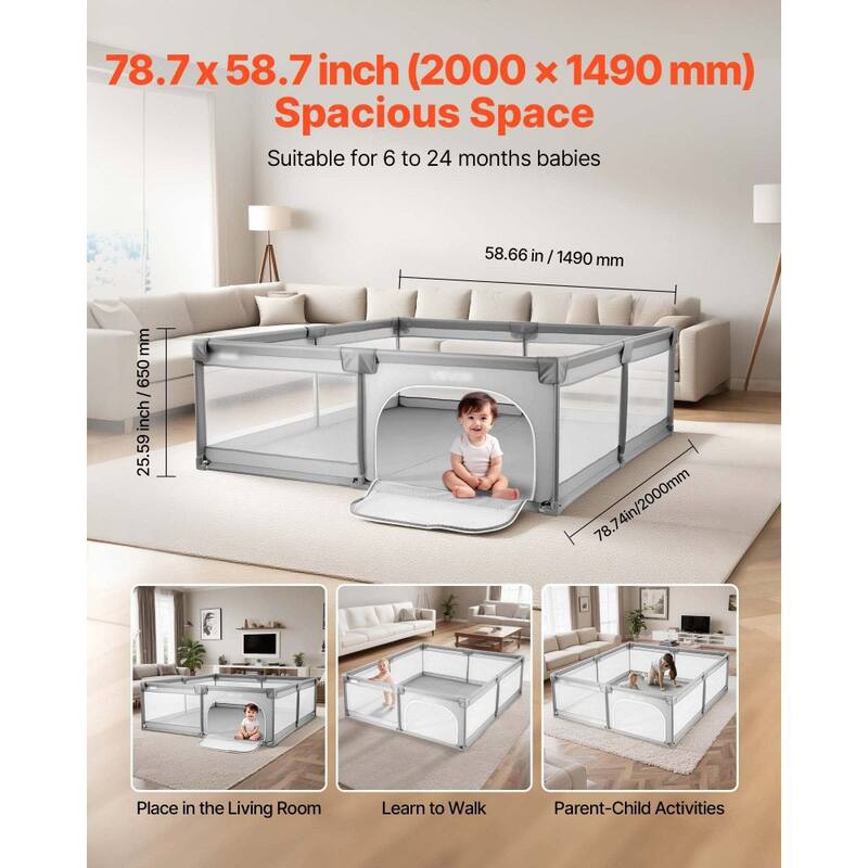 Grey Rectangular Large Baby Playpen with Mesh Sides for Toddlers 6-24 Months - 81.1” x 60.83” x 25.59”