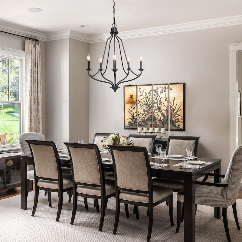Regan Modern Farmhouse 5-light Black Metal Chandelier French Country Candle Arms Dining Room Lighting - D24"x H88.5"
