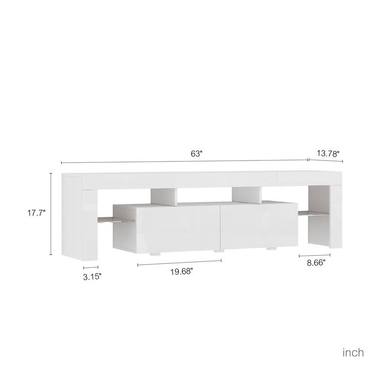 White 63" TV Stand with LED Light, Open and Hidden Storage Spaces for TVs Up to 65"
