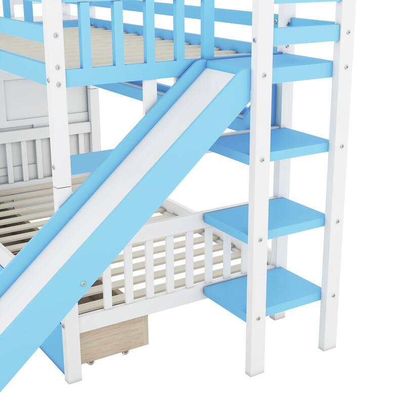 Twin-Over-Twin Castle Style Bunk Bed with 2 Drawers, 3 Shelves, and Slide - Blue