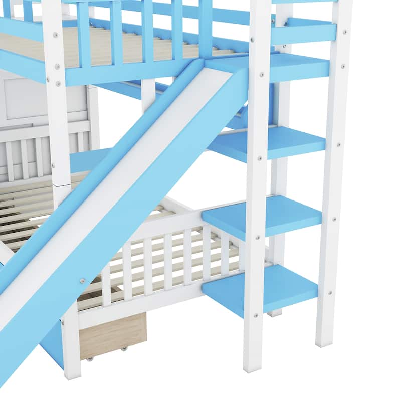 Twin-Over-Twin Castle Style Bunk Bed with 2 Drawers 3 Shelves and Slide