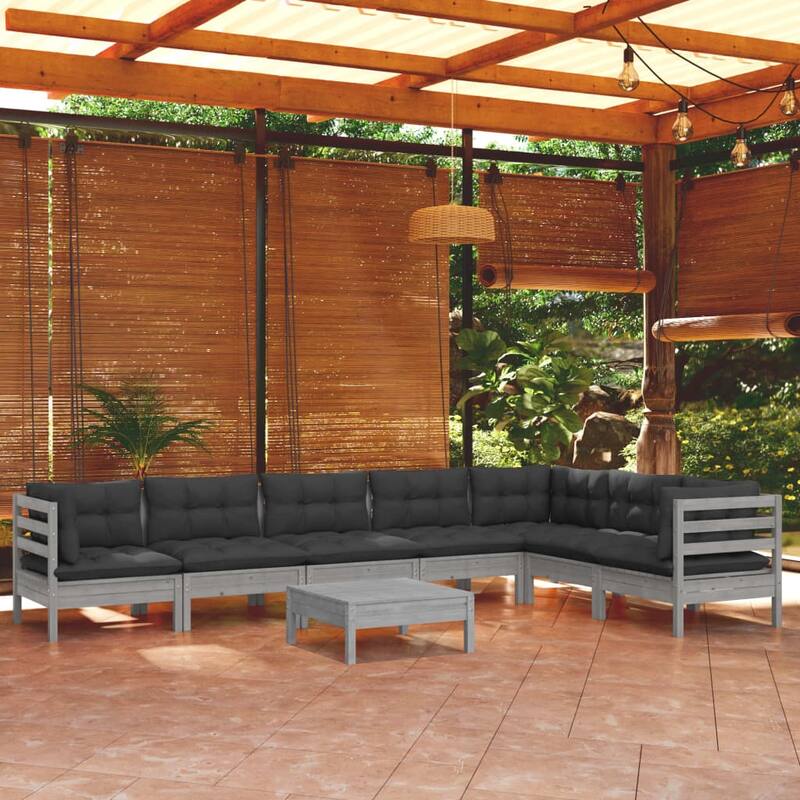 vidaXL Solid Pinewood Patio Lounge Set 9 Piece with Cushions Multi Colors - Grey