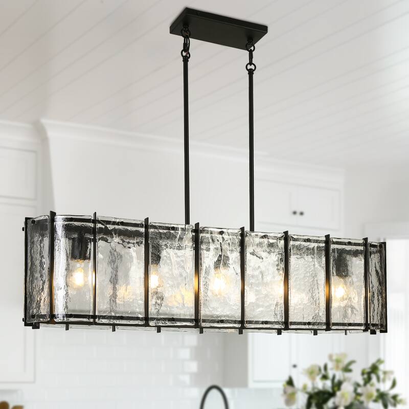 Modern 5-Light Large Rectangle Chandelier Textured Glass Pendant For Kitchen Island Dining Room - Black - W42.1"xD10.6"xH11"