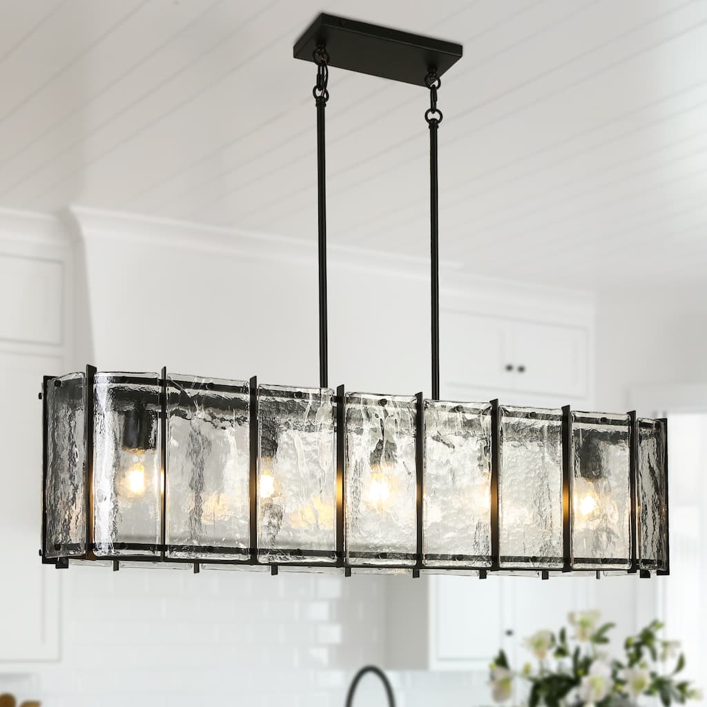 Modern 5-Light Rectangle Chandelier Textured Glass Light For Kitchen Island Dining Room - Black - W42.1"xD10.6"xH11"