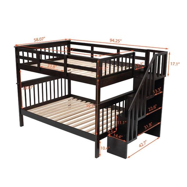 Full-over-Full Bunk Bed with Stairway, Storage and Guard Rail